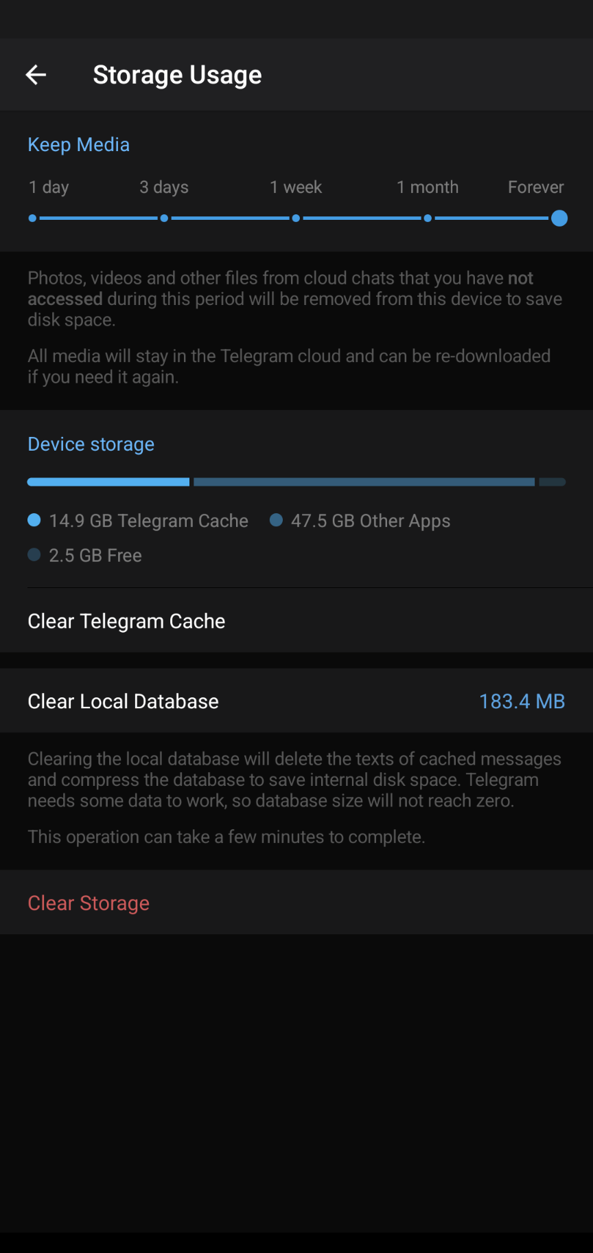Telegram - Manage Storage, Clear Cache